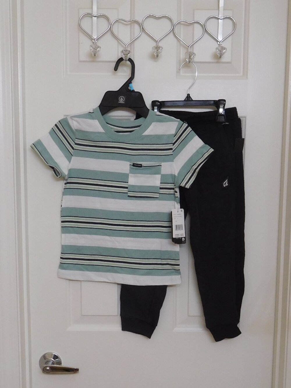 NWT 2pc Volcom Off White Green Black Stripe Shirt & Joggers Set sz 6
